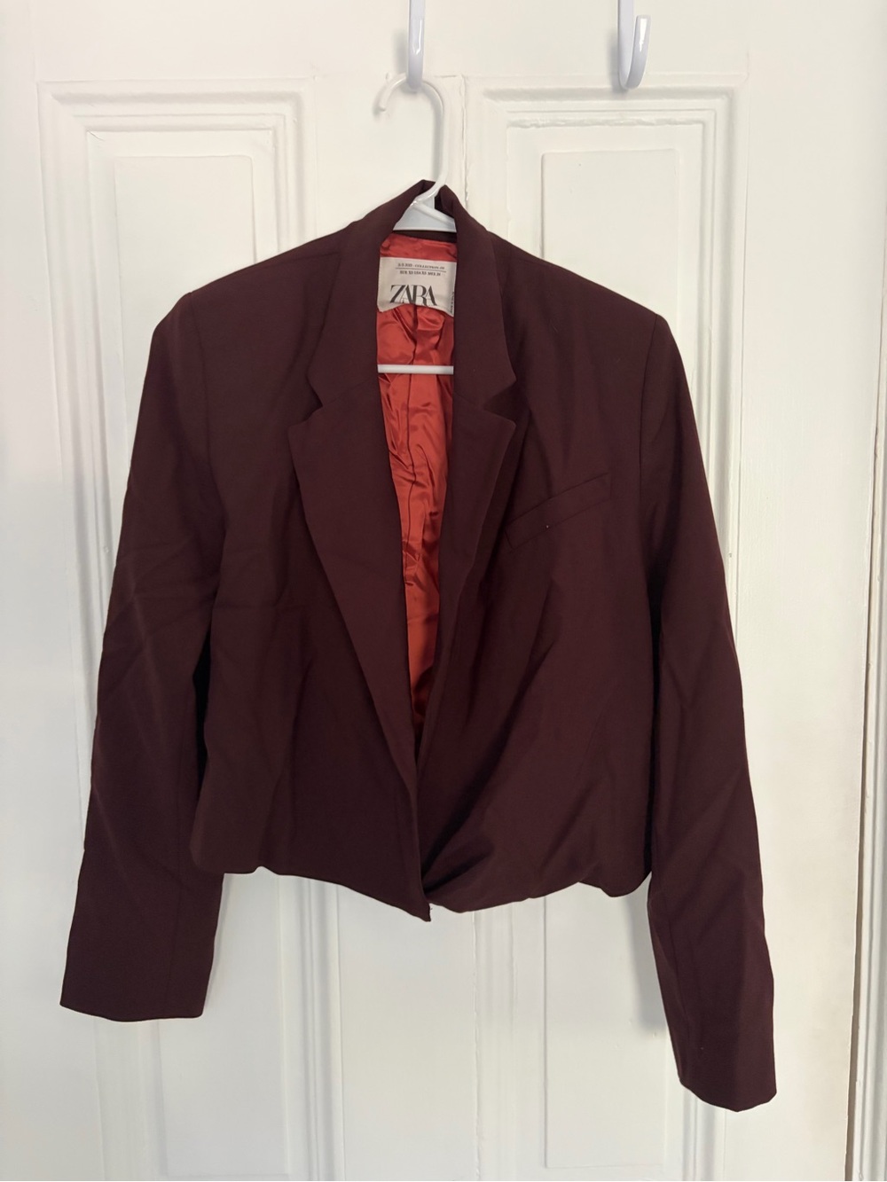 ZARA Burgundy Cropped Blazer with Rust-Orange Lining